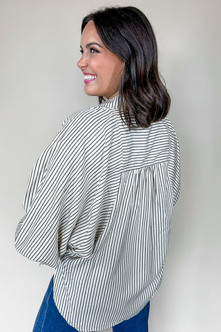 Black & Cream Billowy Striped Button Down Top