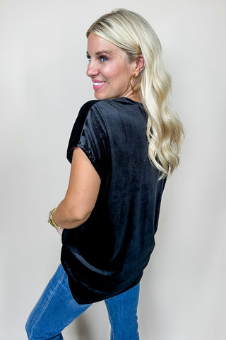 Midnight V Neck Velvet Top In Black
