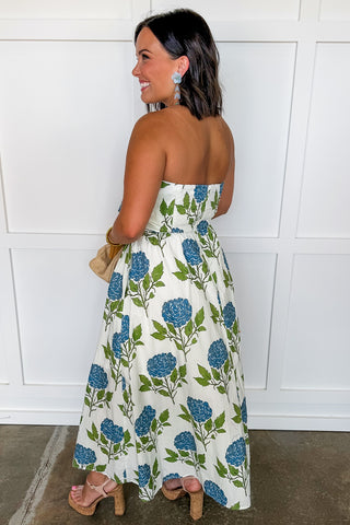 The Emily Strapless Midi Dress in Hydrangea
