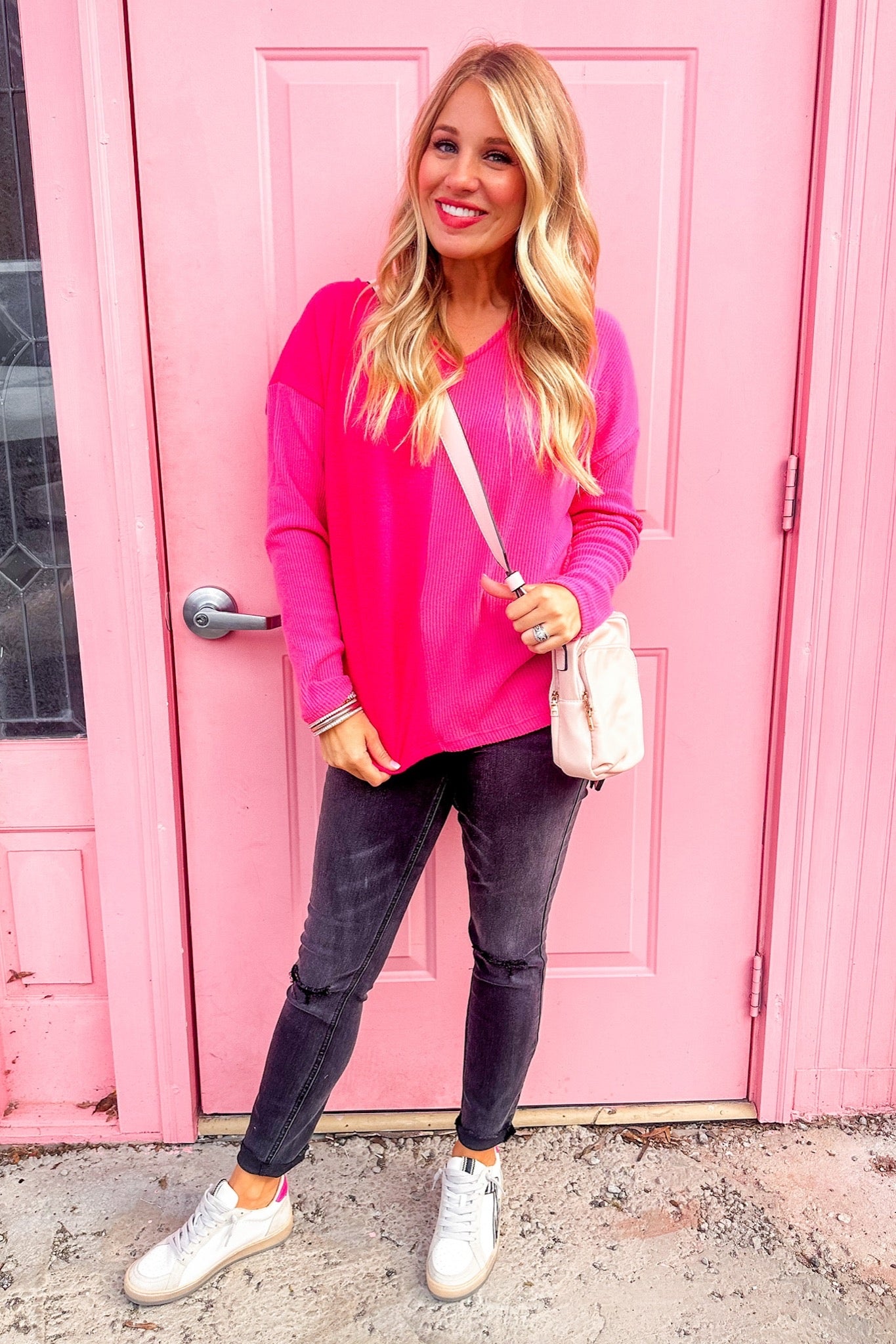 Two Toned Ribbed Fleece Pink Sweater