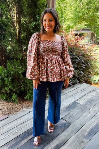 Featherleaf Pintuck Babydoll Top in Brown