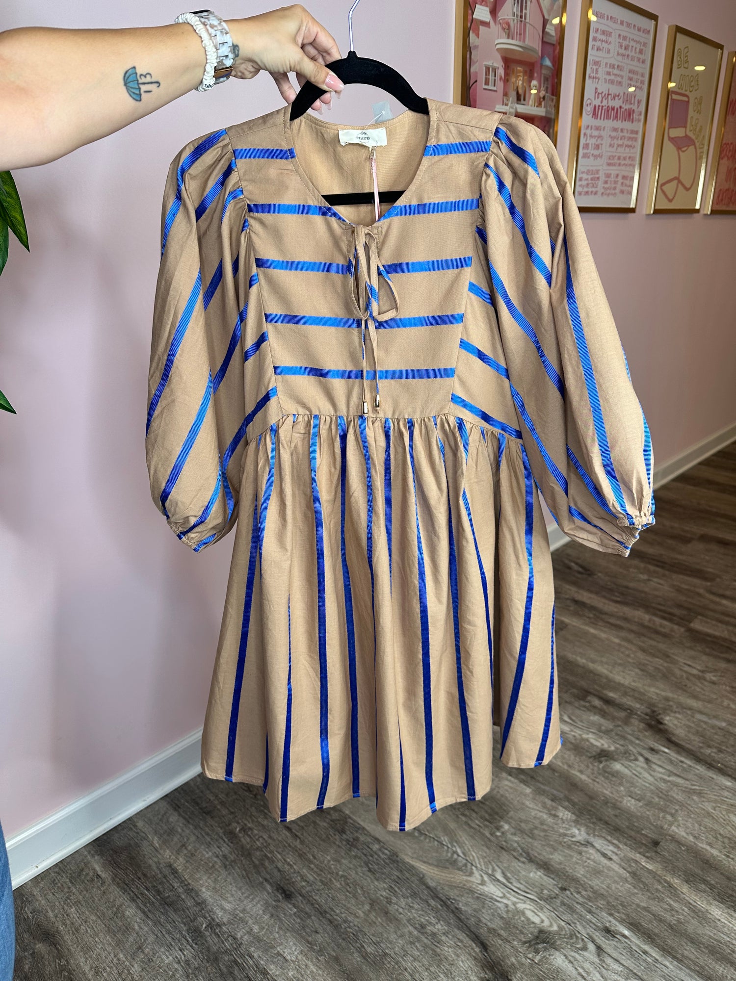 Blue Ribbon Striped Pocketed Peasant Dress