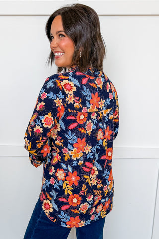 Dear Scarlett Lane Ruffle Collar Top in Navy Harvest Floral