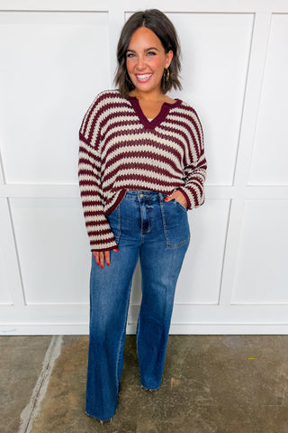 Effortless Stripe Notch Neck Sweater in Burgundy