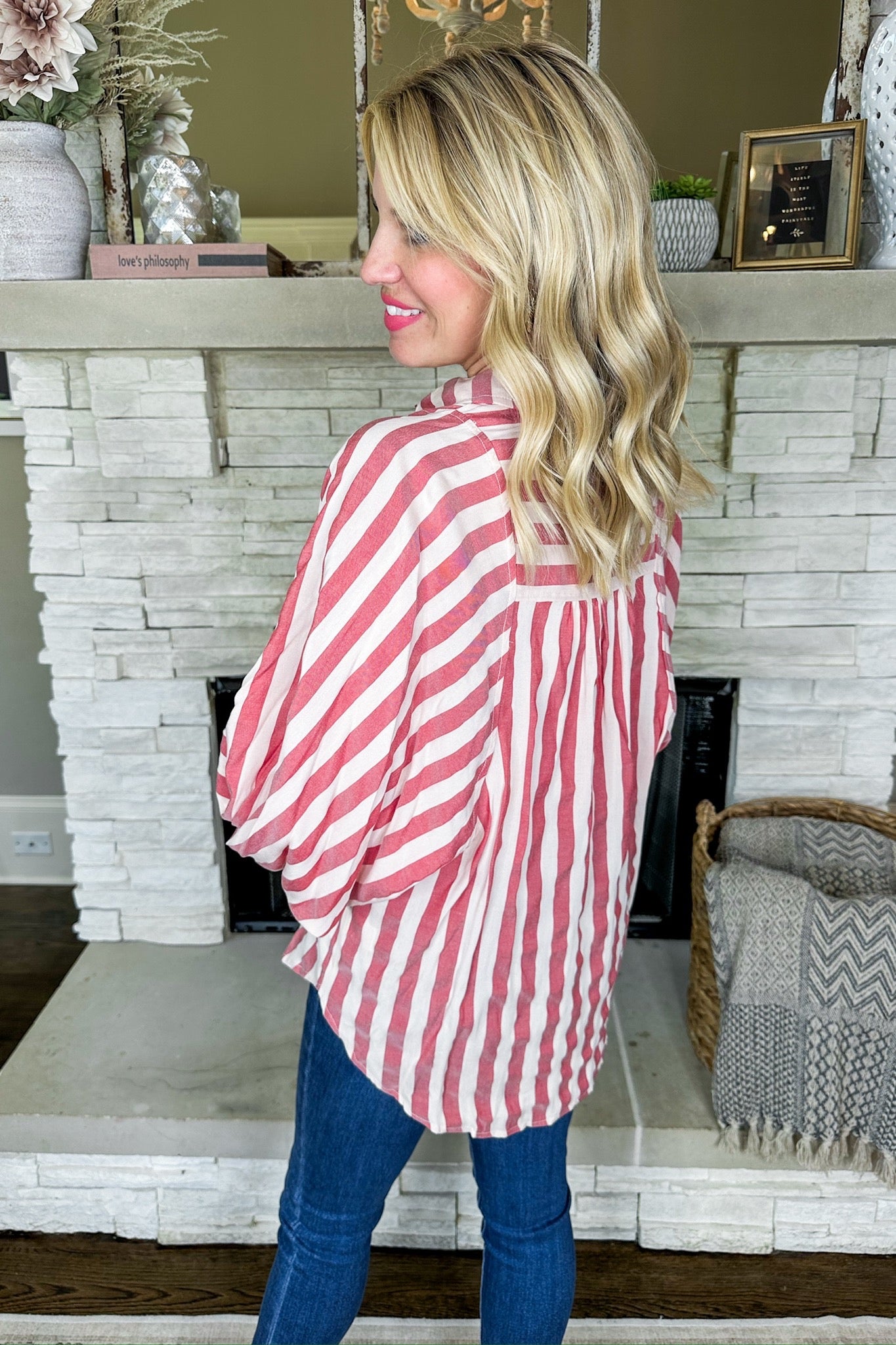 Red Striped Shimmer Glazed Button Down Balloon Sleeve Top