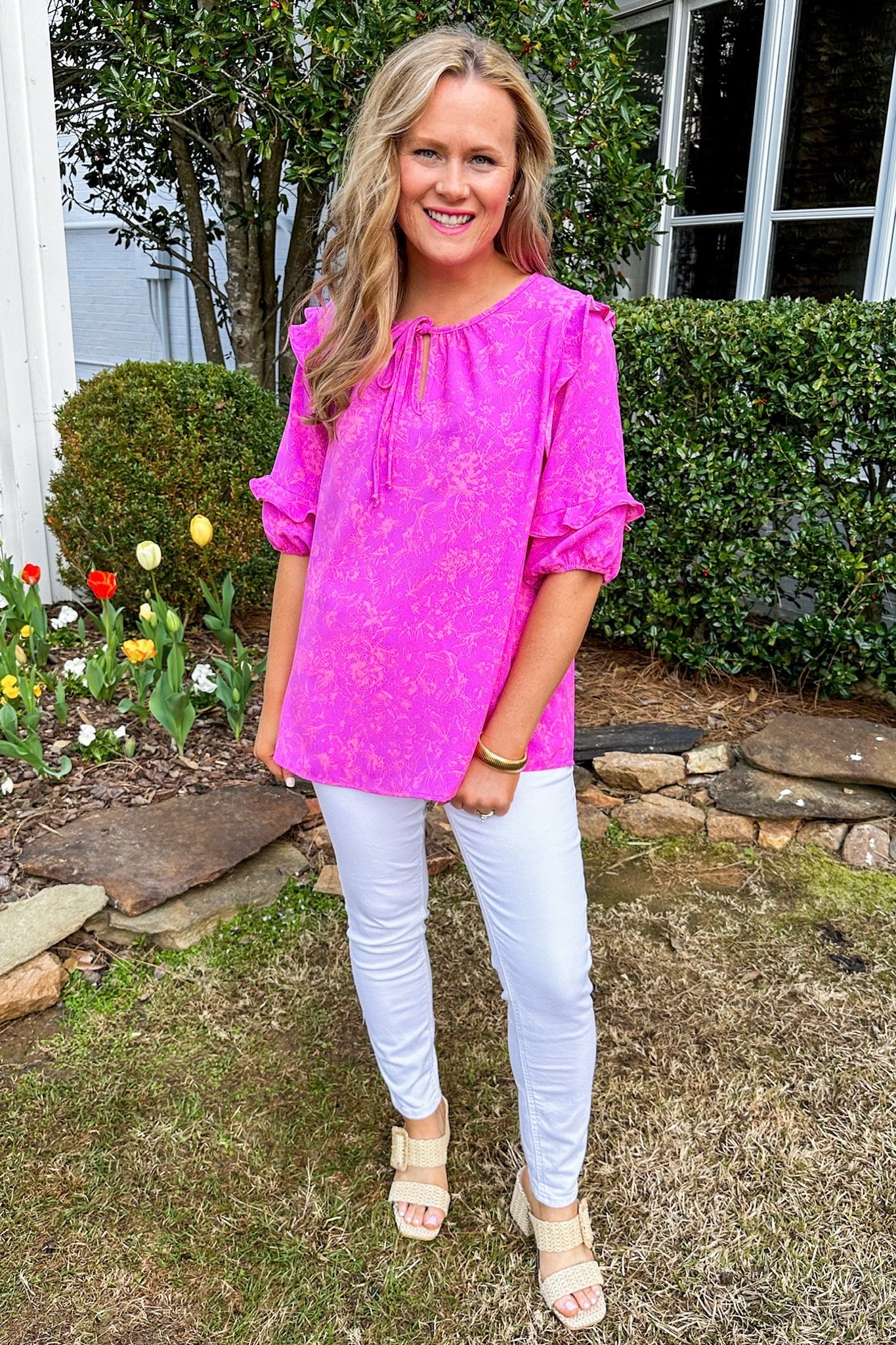 Light Pink Intricate Floral Ruffle Sleeve Magenta Top