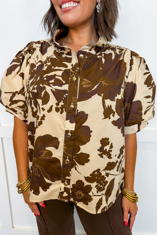 Better In Brown Floral Button Front Top