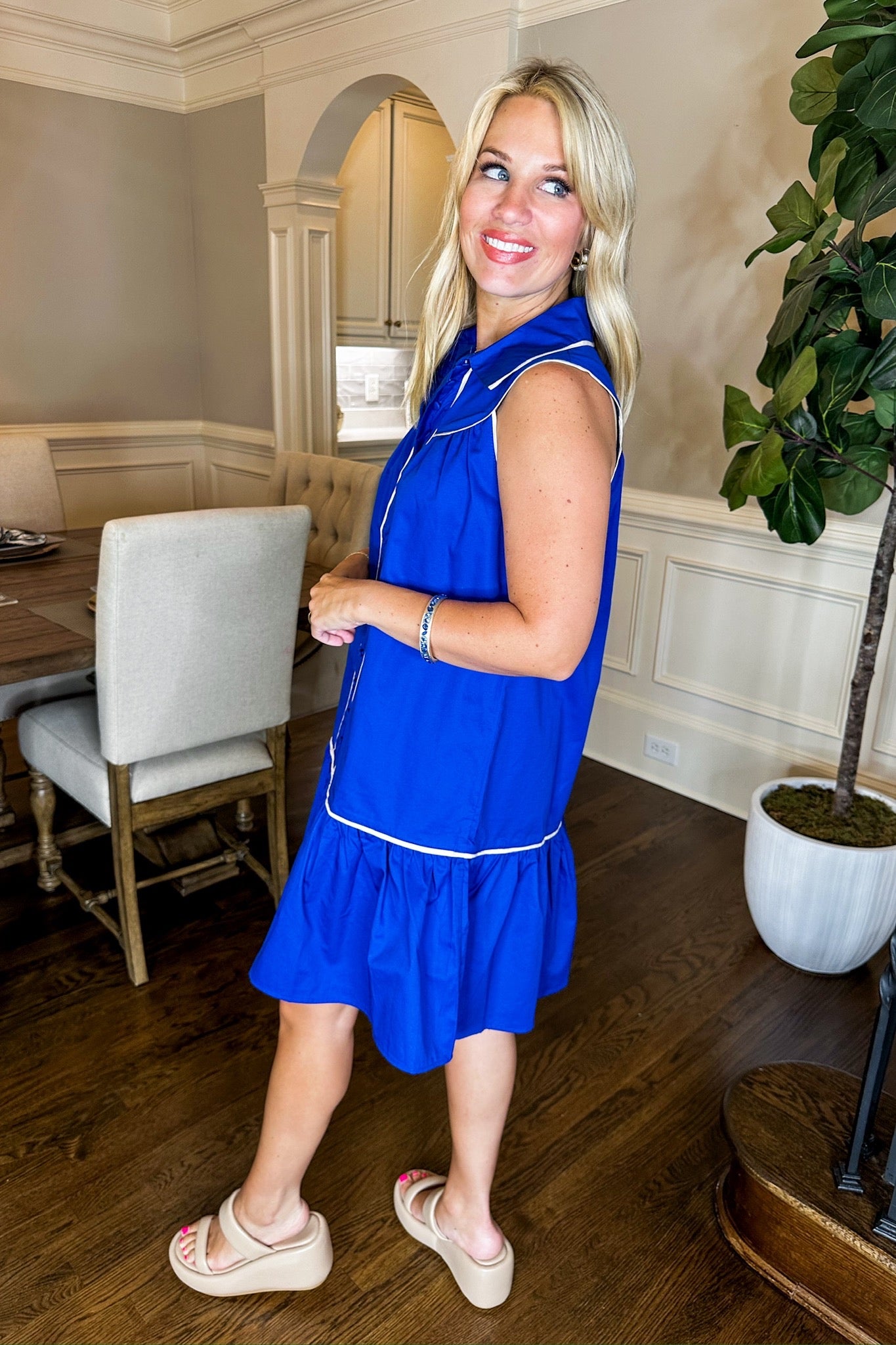 Button Down Collared Contrast Trim Dress in Royal Blue