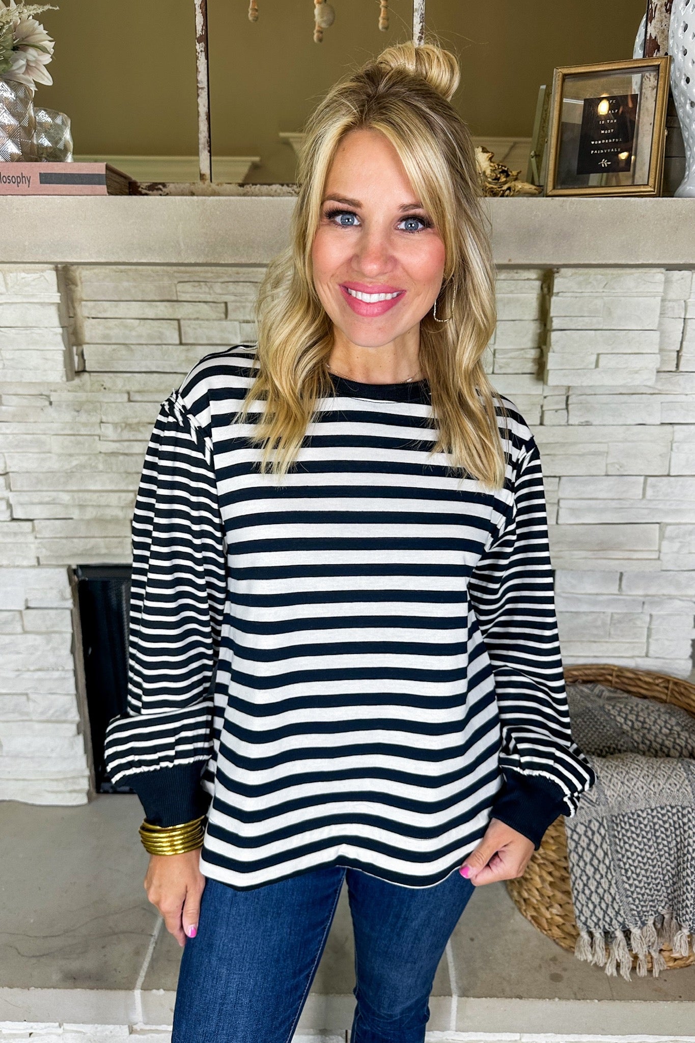 Exposed Seam Casual Stripe Long Sleeve Top in Black