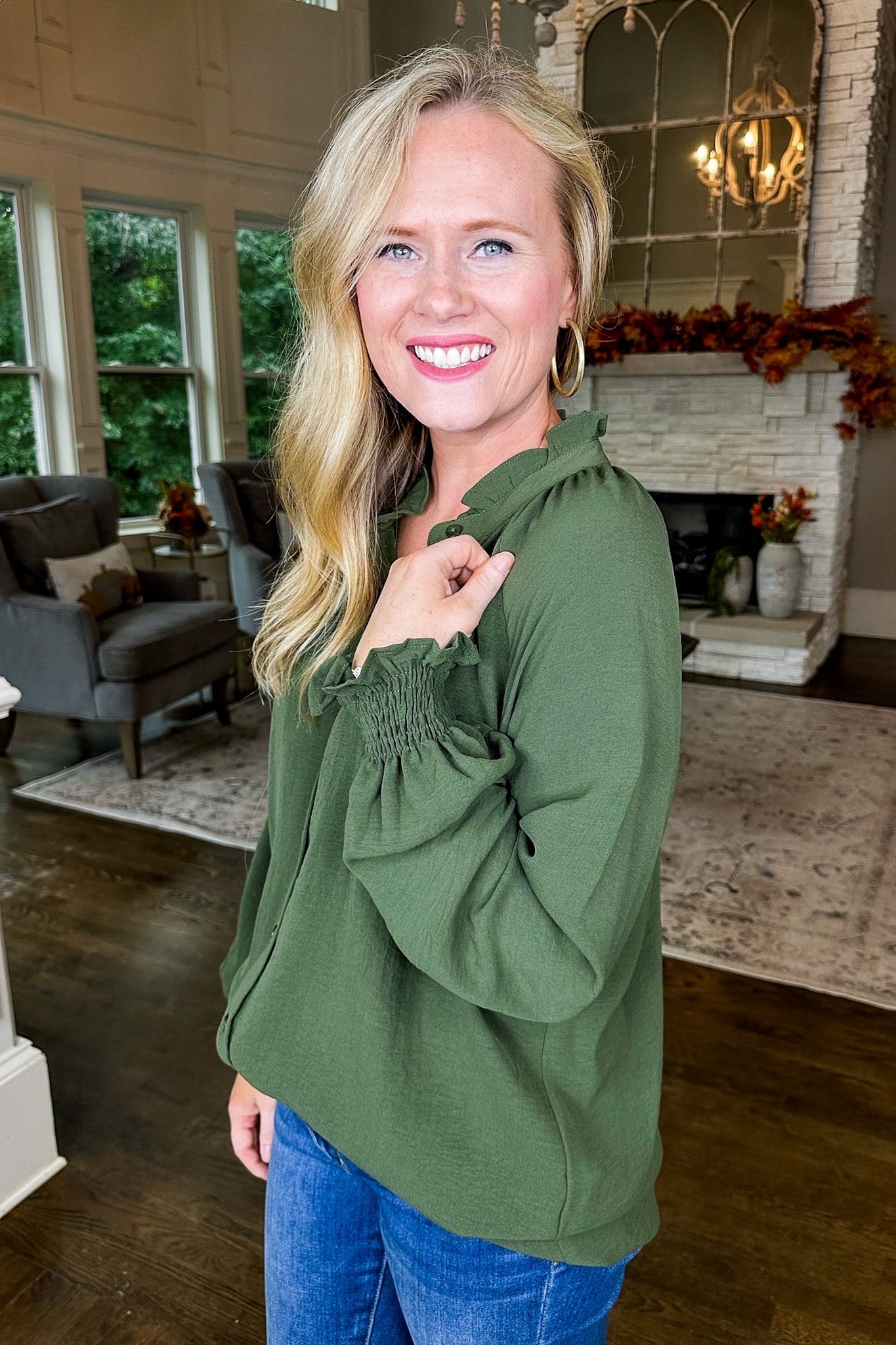 Button Up Ruffle Neck Olive Green Dressy Top