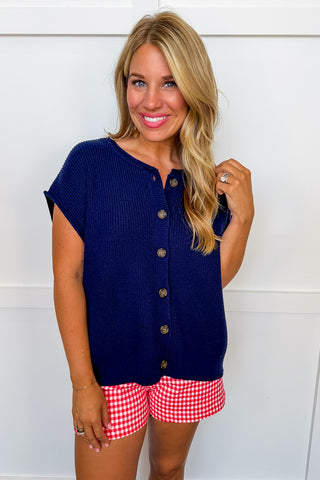 Navy Color Pop Button Knit Top