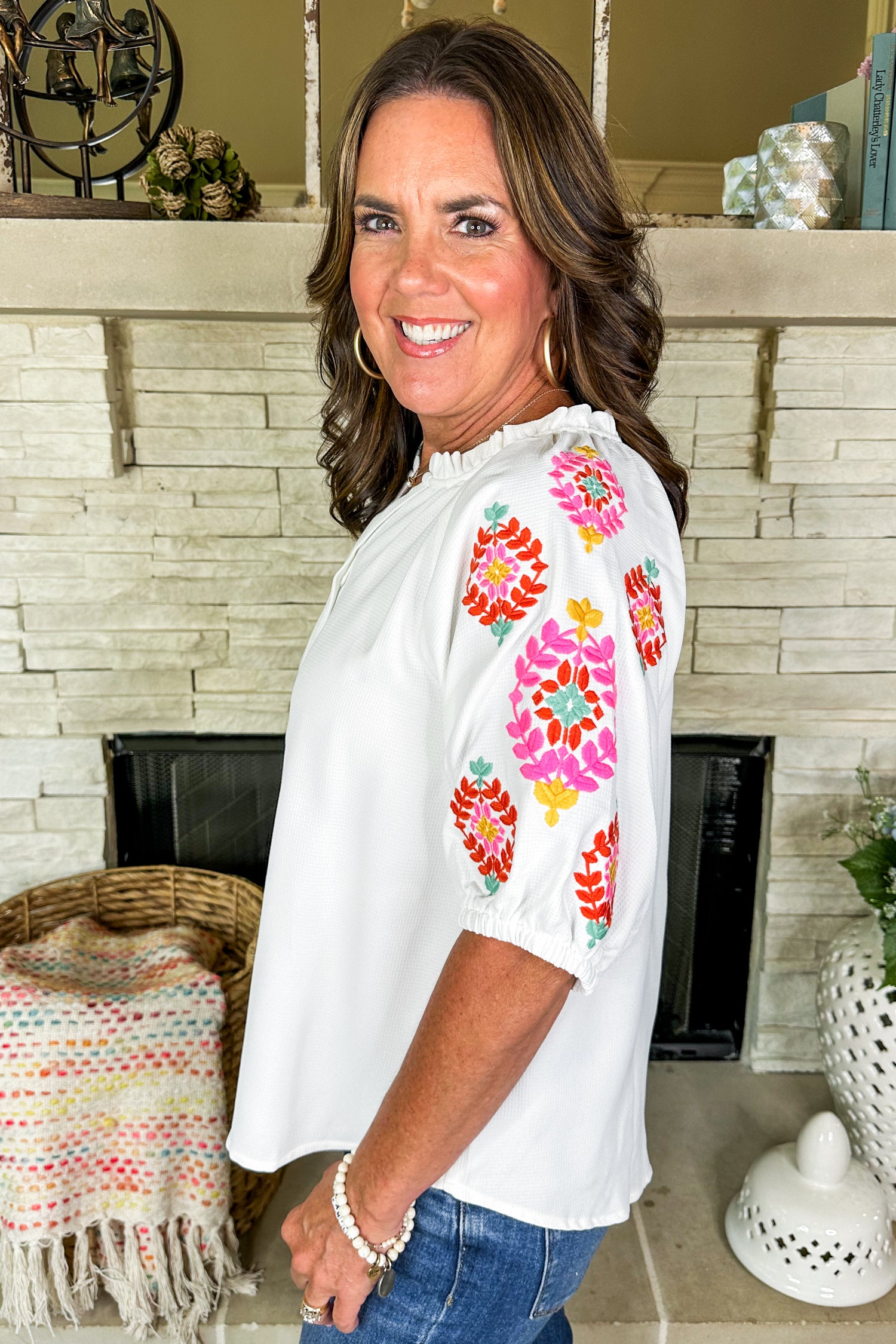 Ruffle Neck Embroidered Flower Sleeve Waffle Texture Top