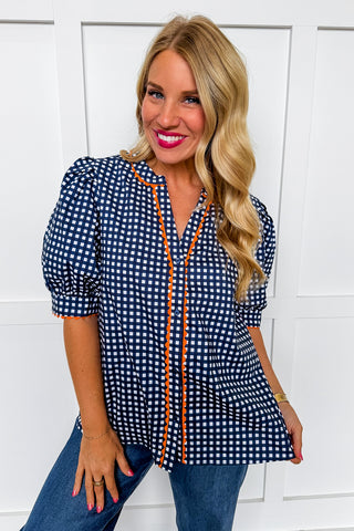 The Elaine Top in Gingham Navy/Orange by Mary Square