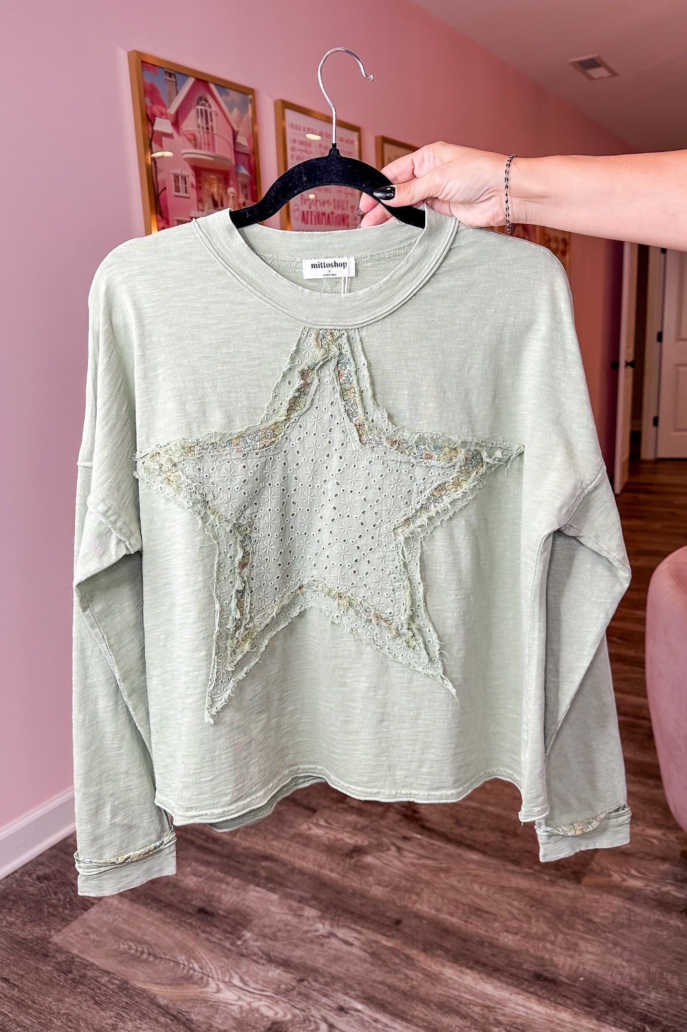 Eyelet Exposed Seam Floral Star Sage Top