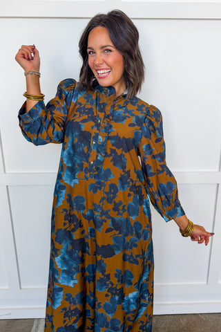 Social Season Button Front Midi Dress in Camel & Blue Floral