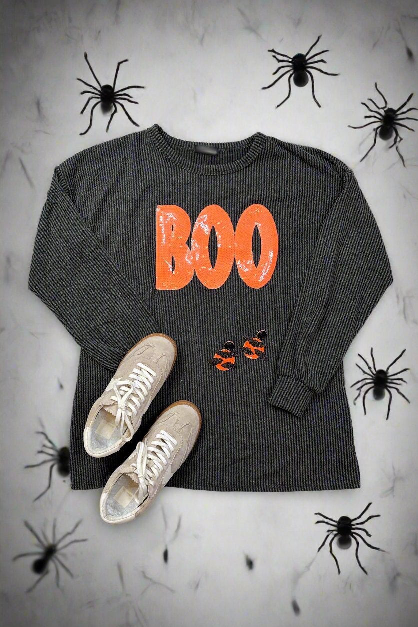 Orange Sequin BOO Ribbed Black Long Sleeve Top