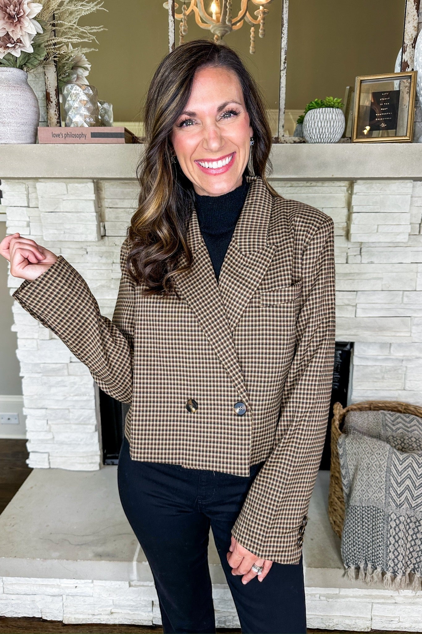 Brown Gingham Print Cropped Jett Pocketed Blazer Jacket