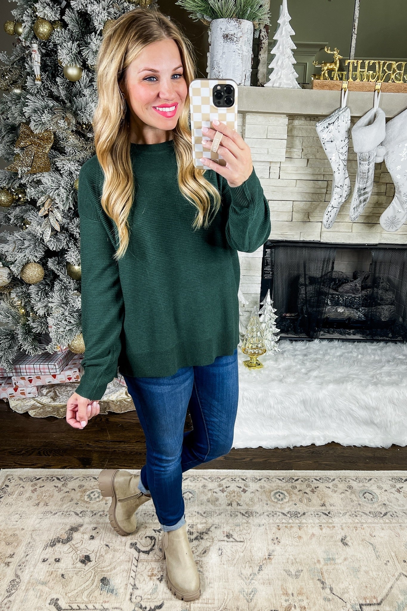 Ribbed Knit Crew Neck Sweater in Hunter