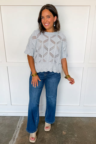 The Delilah Scallop Open Knit Top in Grey