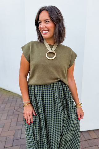 Two-way Gingham Maxi Dress + Knit Top in Olive