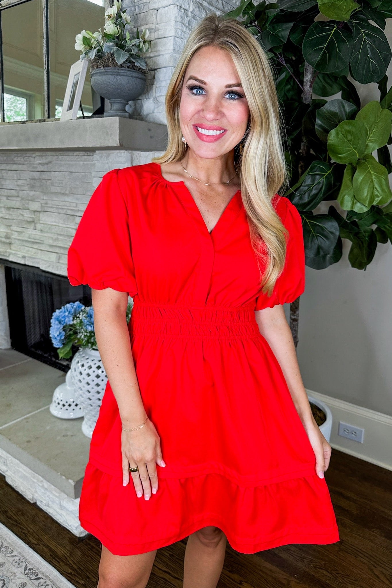 Puff Sleeve V Neck Ruched Waist Dress in Red