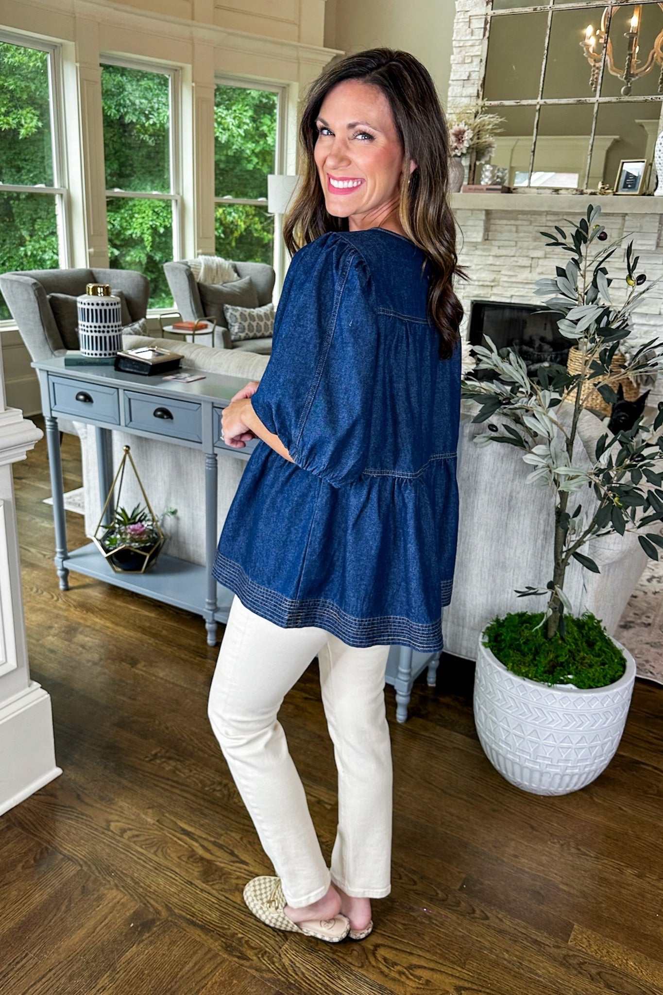 Tie Neck Bubble Sleeve Dark Denim Tiered Top