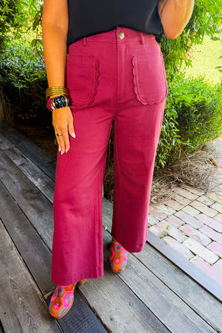 Sweetheart Wide Leg Scallop Pants in Wine