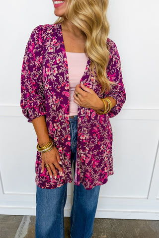 Dear Scarlett Lizzy Gather Sleeve Cardigan in Wine Floral