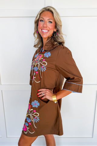 Folk Song Embroidered Shift Dress in Brown