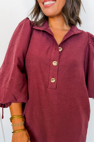 The Madeline Tie Sleeve Shift Dress in Merlot