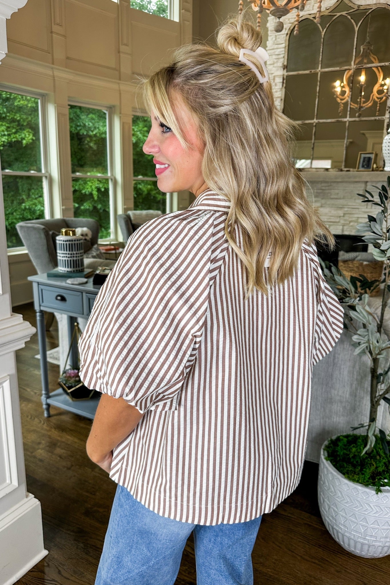 Brown Pin Stripe Bubble Sleeve Button Down Top