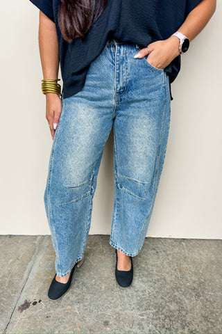 Classic Distressed Light Denim Wash Barrel Jean