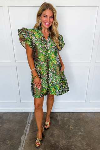 Enchanted Meadow Jacquard Shift Dress in Emerald Green