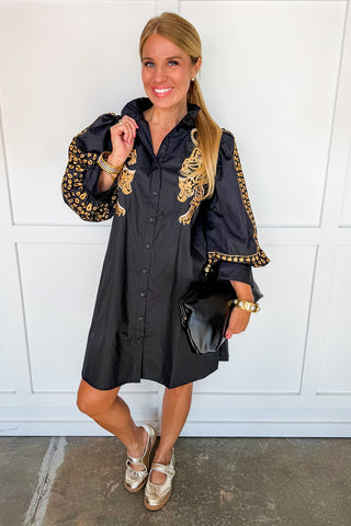 Wild At Heart Embroidered Shift Dress in Black