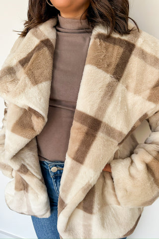 Ivory Stone Plaid Fuzzy Coat