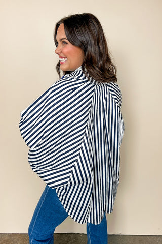 Striped & True Collared Button Down Poncho Top in Navy