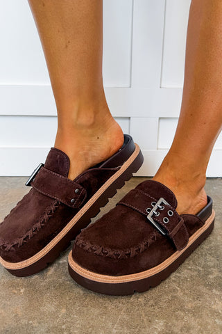 The Zaina Chocolate Suede Clog Mule by Mia