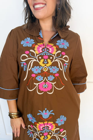 Folk Song Embroidered Shift Dress in Brown