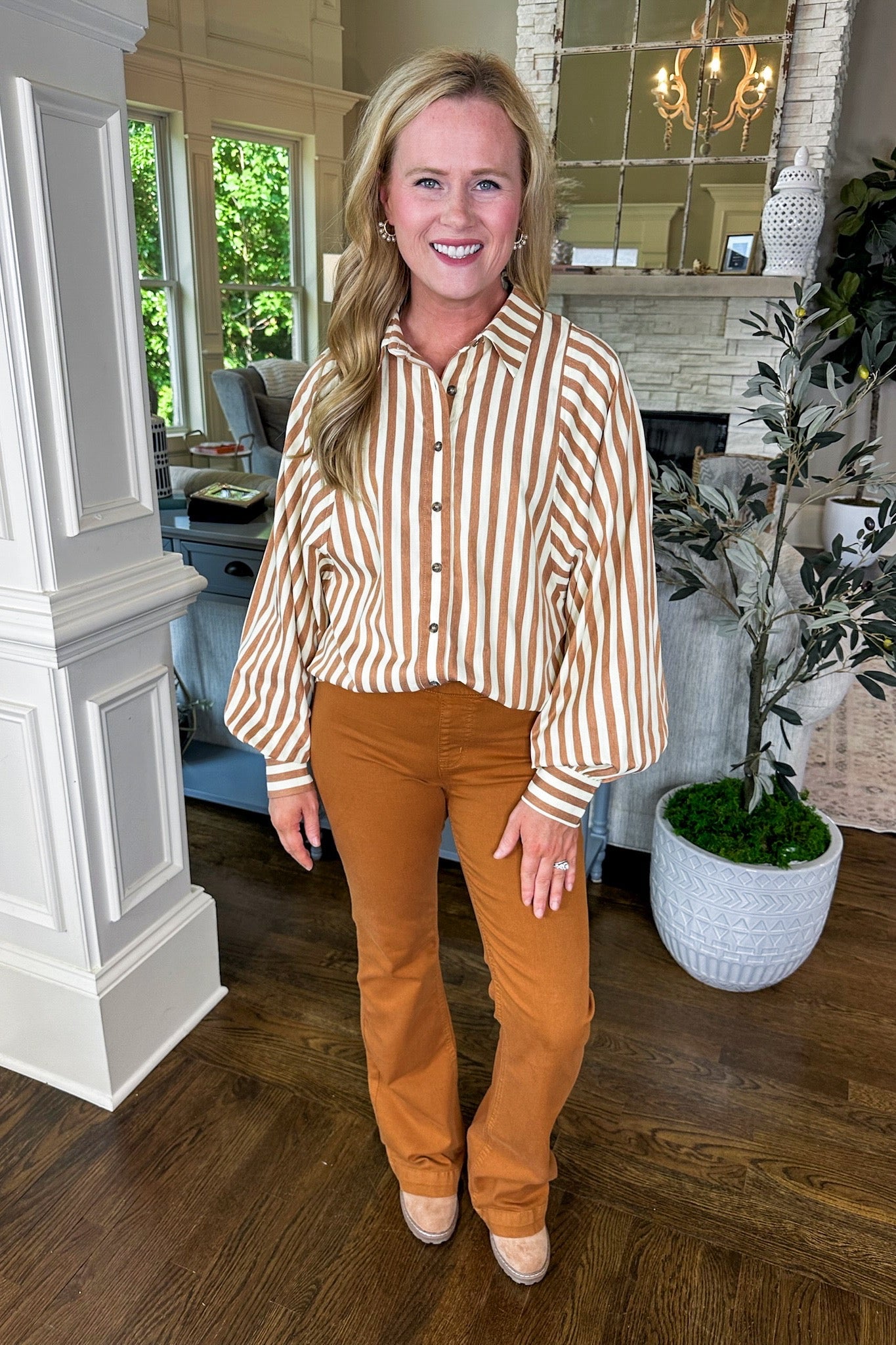 Camel Striped Dolman Sleeve Button Down Collared Top