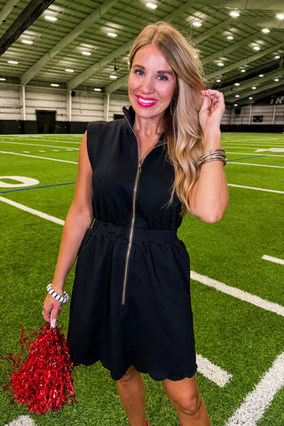 Best Selling Krissy Zip-up Mini Dress in Black Scallop