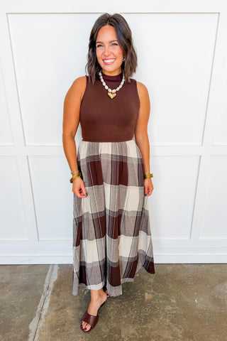 The Berkley Burgundy Plaid Midi Dress in Brown