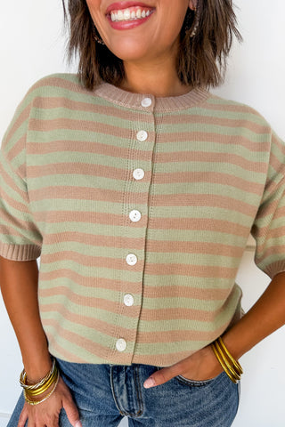Better Together Stripe Button Down Top in Mushroom & Sage