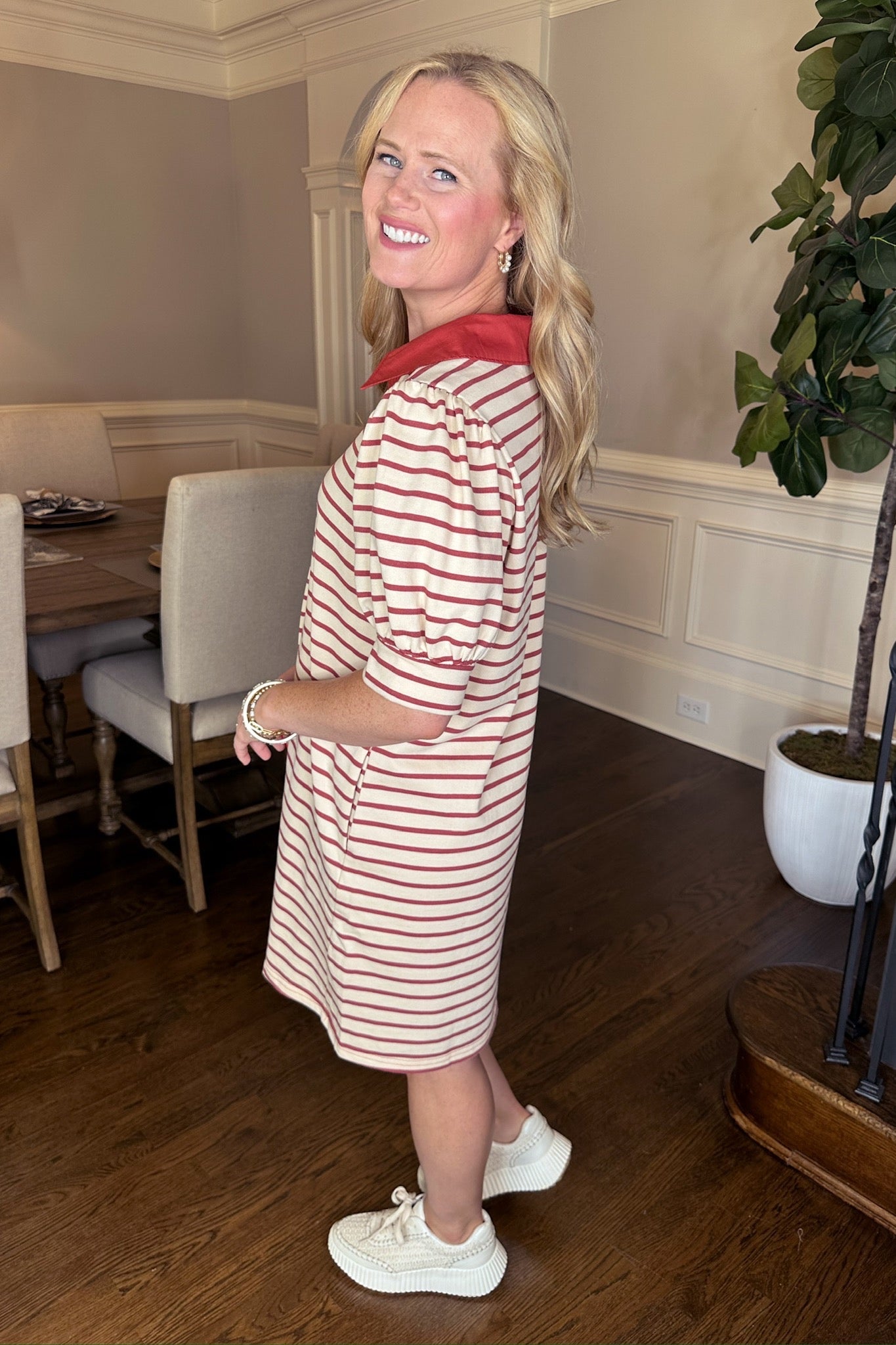 Preppy Striped Puff Sleeve Contrast Collar Dress in Ecru