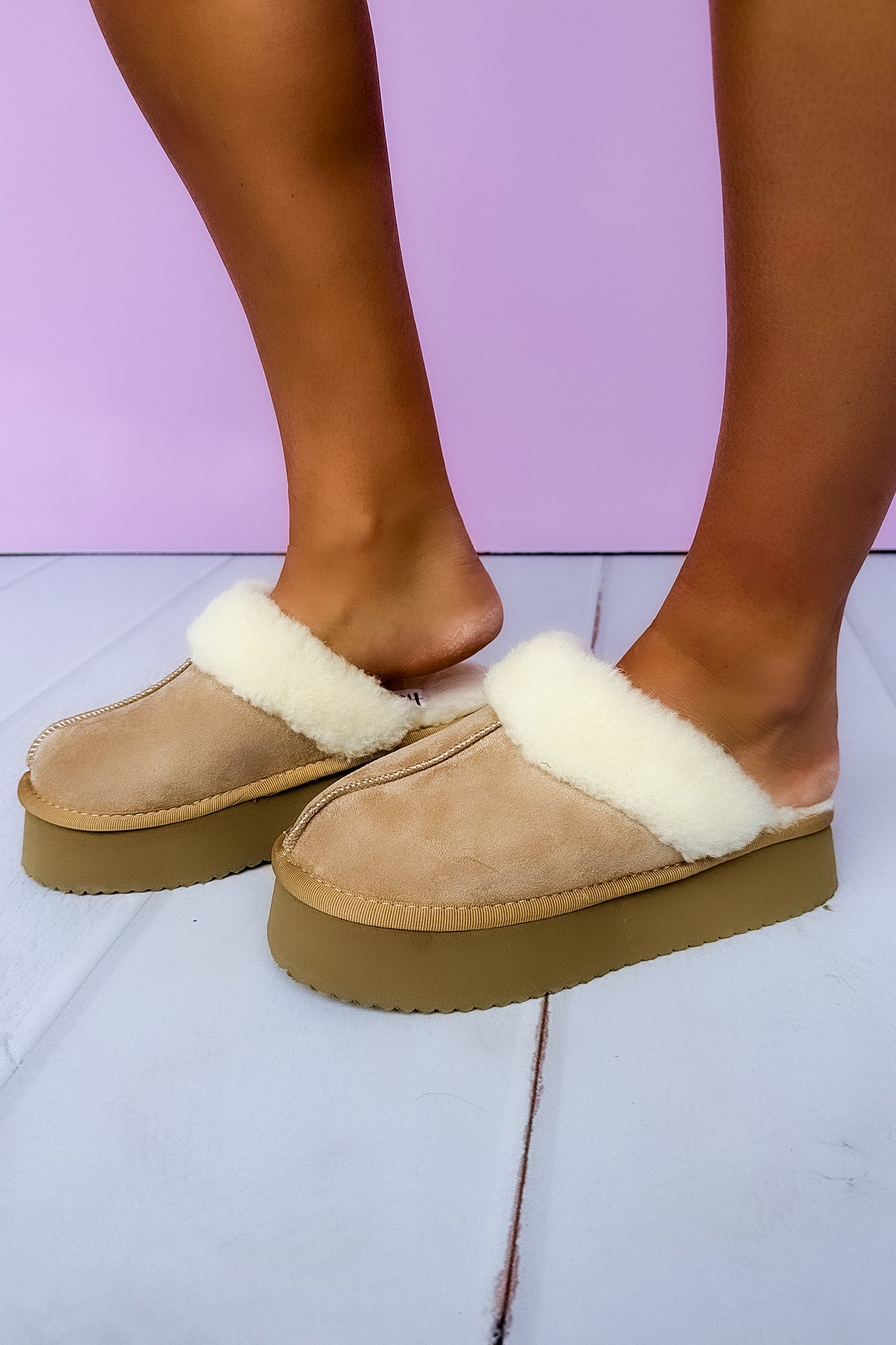 Cuddle Up Camel Faux Fur Corkys Platform Slipper