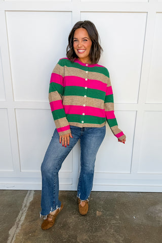 Color Pop Stripe Cardigan in Pink & Green