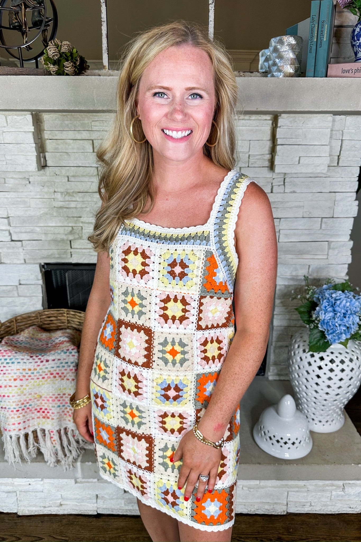 Straight Fit Crochet Granny Square Dress in Neutrals