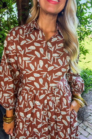 Whispering Leaf Pintuck Shirt Dress in Brown