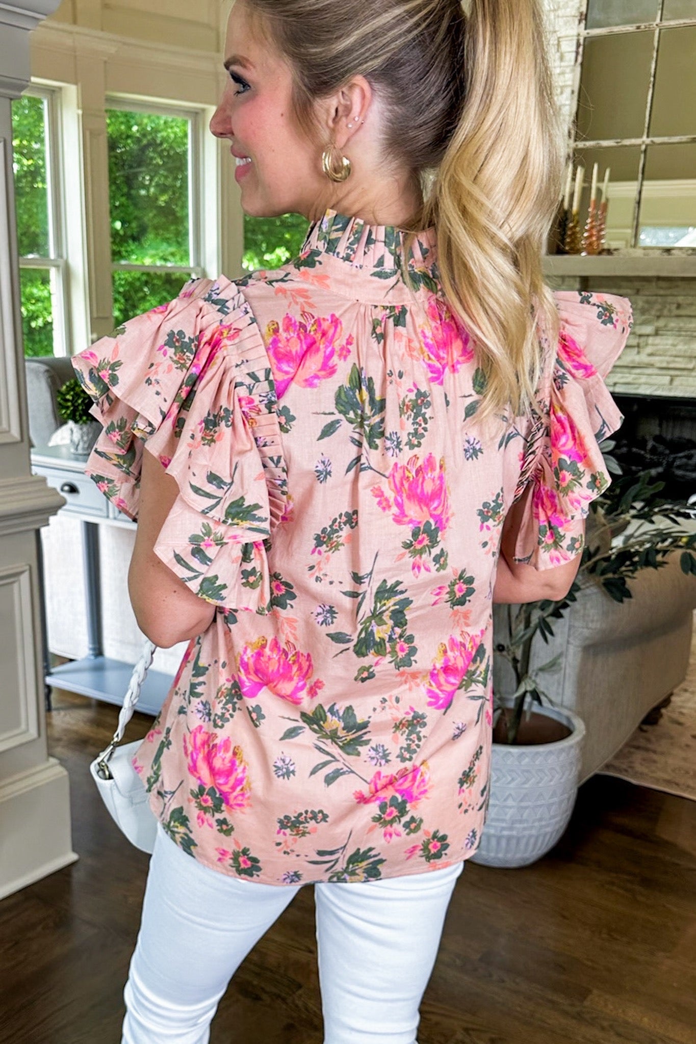 Painted Floral Pleated Ruffle Sleeve Notch Neck Top