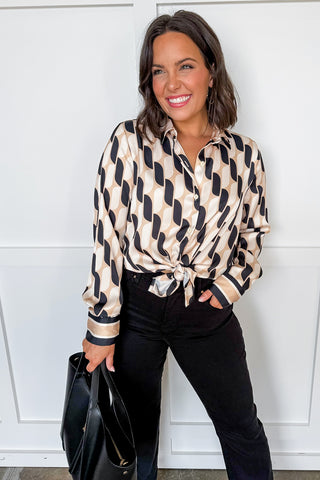 She is the Moment Geometric Silk Button Up Blouse