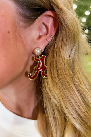 Alabama "A" Pearl Dangle Earrings By Michelle Mcdowell